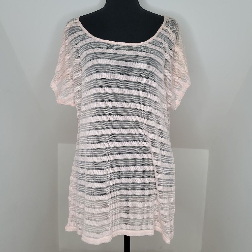 Vtg Y2K Deb Top 2XL Peach Sheer Translucent Lace Shoulder Knit Made In USA DS